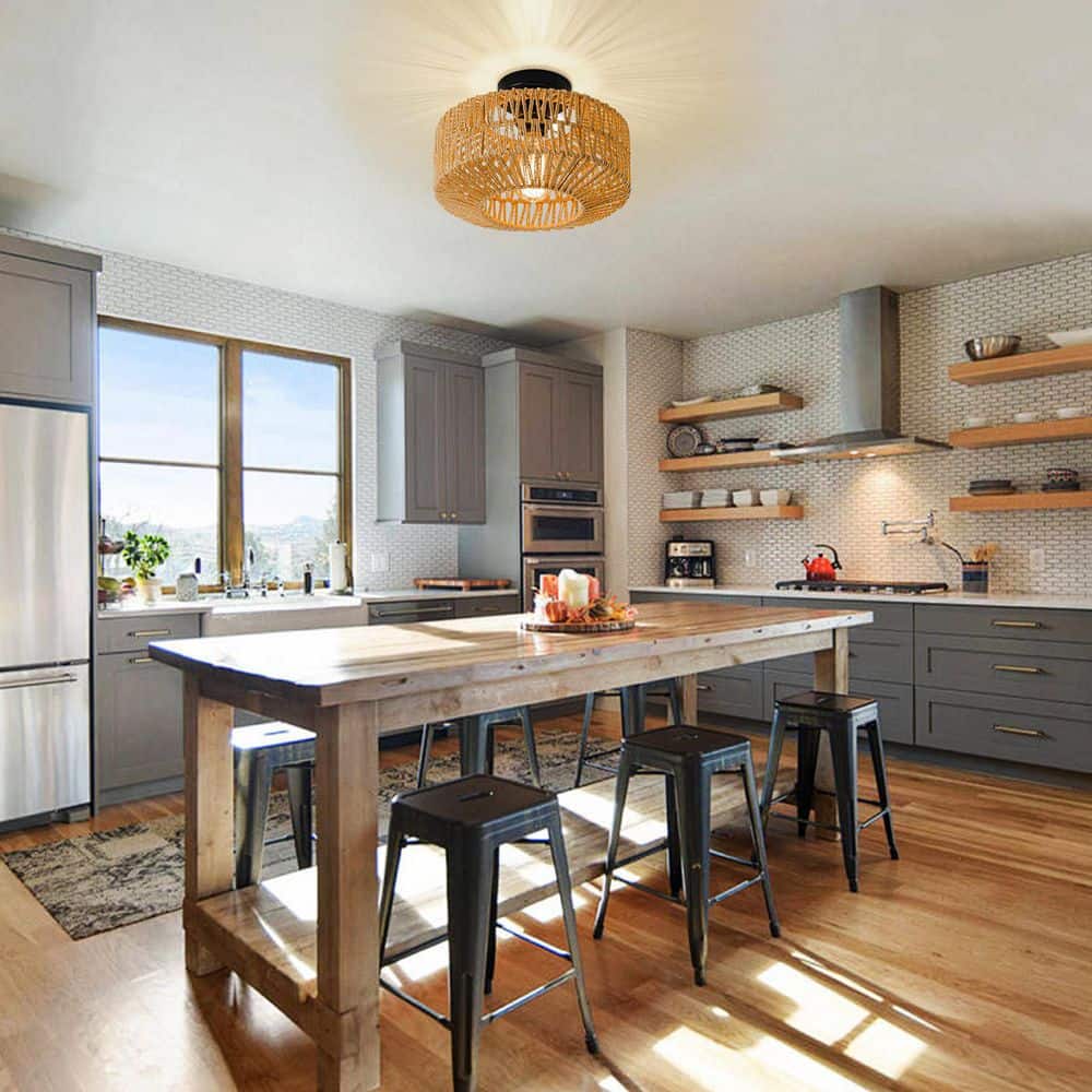 11.8 in. 1-Light Bohemian Natural Rattan Semi-Flush Mount Ceiling Light - Hercitys