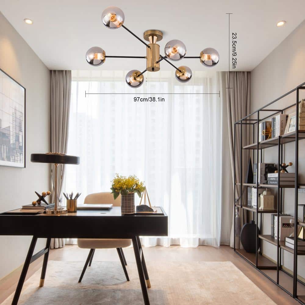 38.1 in. 6-Light Gold Modern Sputnik Semi-Flush Mount Ceiling Light with Smoky Grey Glass Shade, No Bulbs Included - Hercitys