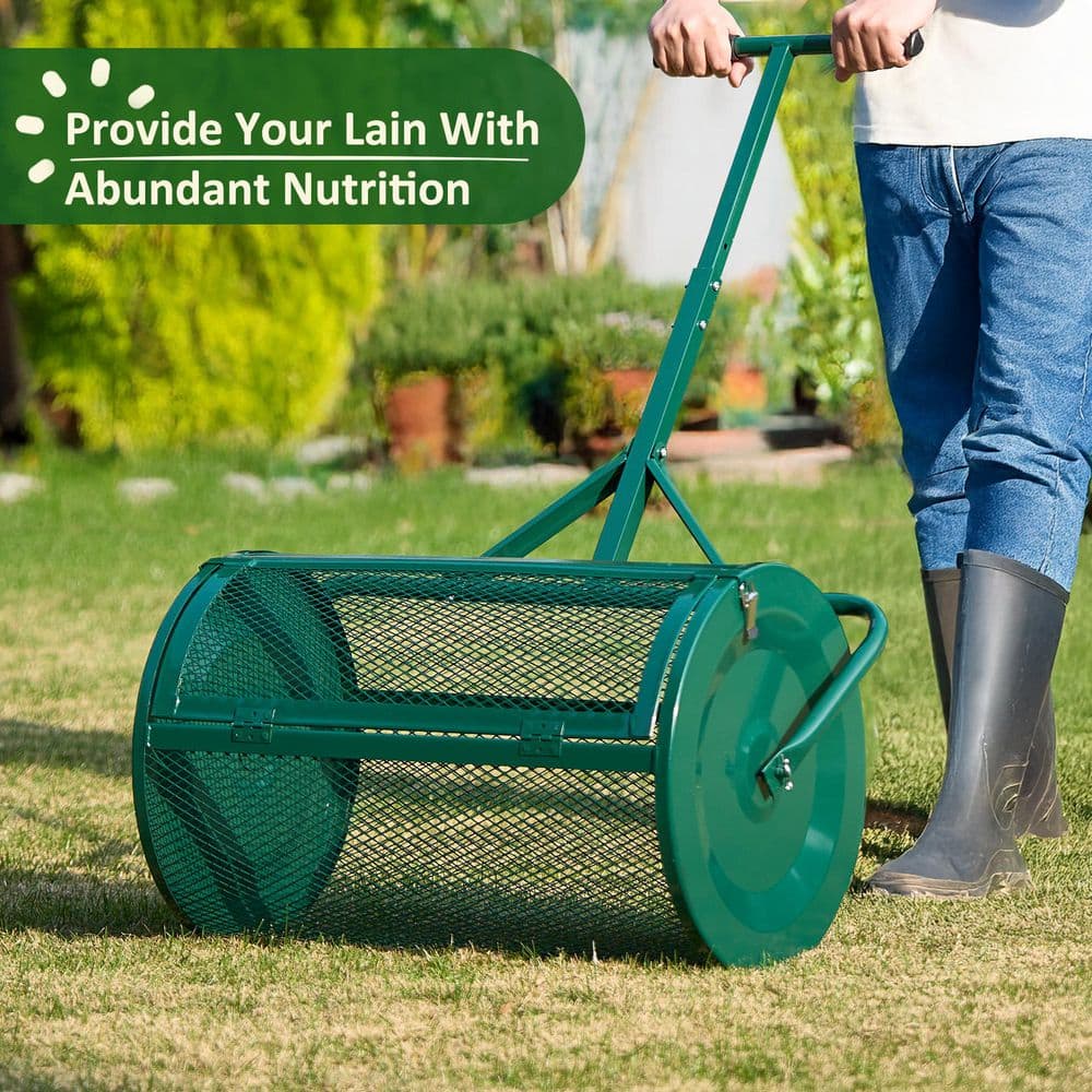 24 in. Compost Peat Moss Spreader, Heavy-Duty Metal Mesh Spreader with Adjustable Handle, Green - Hercitys