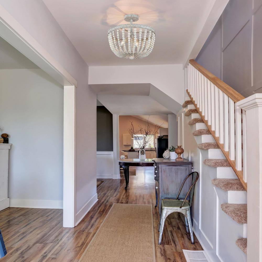 16 in. Modern Farmhouse Antique White Wood Beaded Semi-Flush Mount, 3-Light Bohemian Round Basket Ceiling Lighting - Hercitys