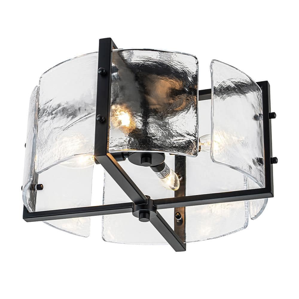 16.73 In. 4-Light Matte Black Modern Ceiling Light Semi-Flush Mount Fixture With Curved Textured Glass Shade - Hercitys