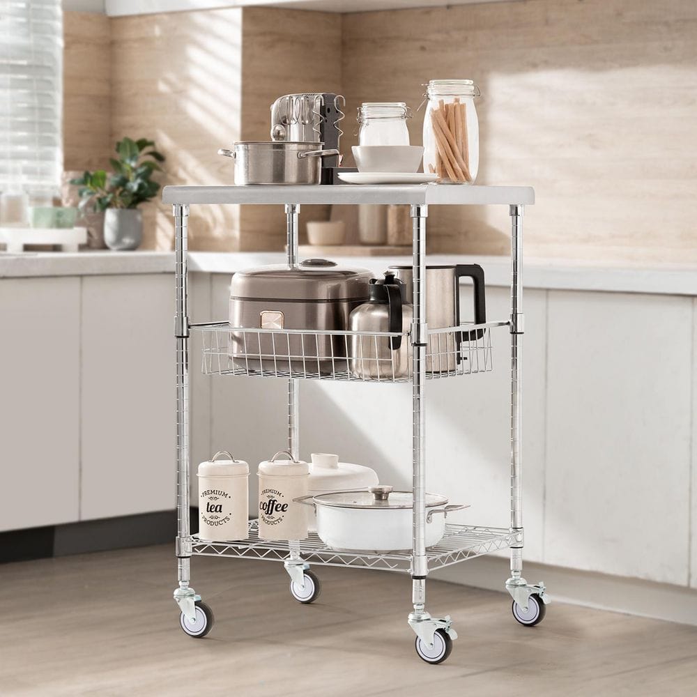 3-Tier Utility Cart Rolling Cart Silver Metal Kitchen Cart with Locking Casters 24″x 20″x 36.6″ 470 lbs. 6 Hooks - Hercitys