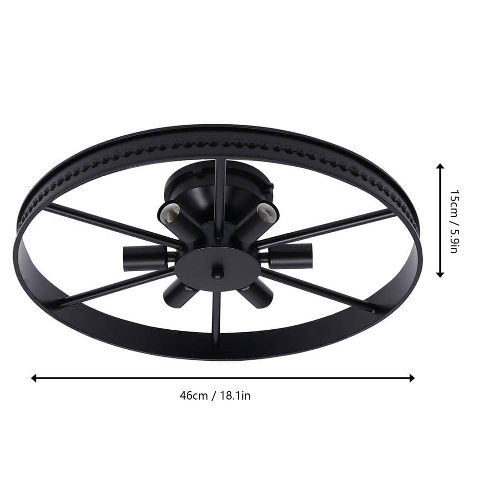 18 in. 6-Light Black Industrial Wagon Wheel Rustic Flush Mount Ceiling Light - Hercitys