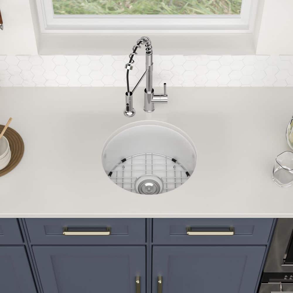 18 in. Fireclay Undermount Round Bar Sink with Bottom Grid and Drain Assembly - Hercitys