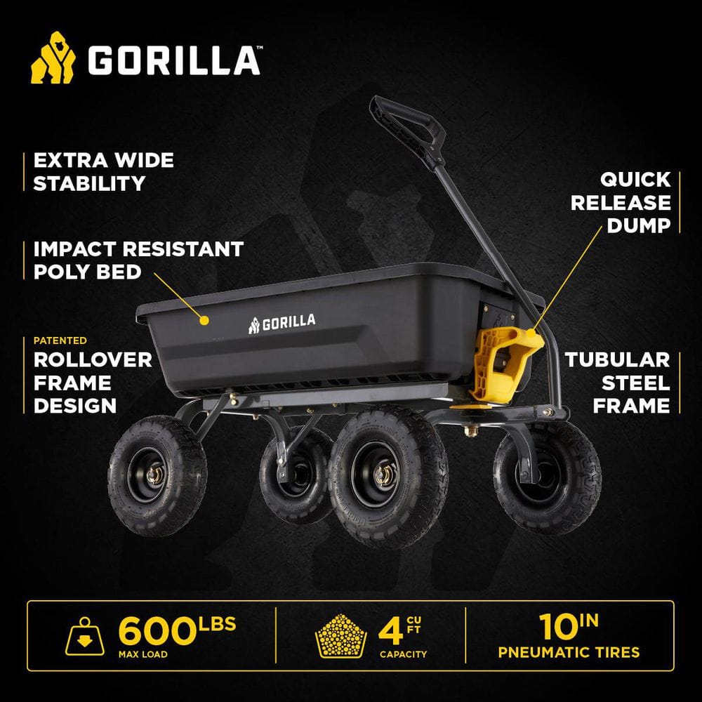 4 cu. ft. Patented Poly Dumping Garden Cart, 600 lbs. Capacity, 35 in. x 22 in. x 8 in. Bed, 10 in. Pneumatic Tires - Hercitys