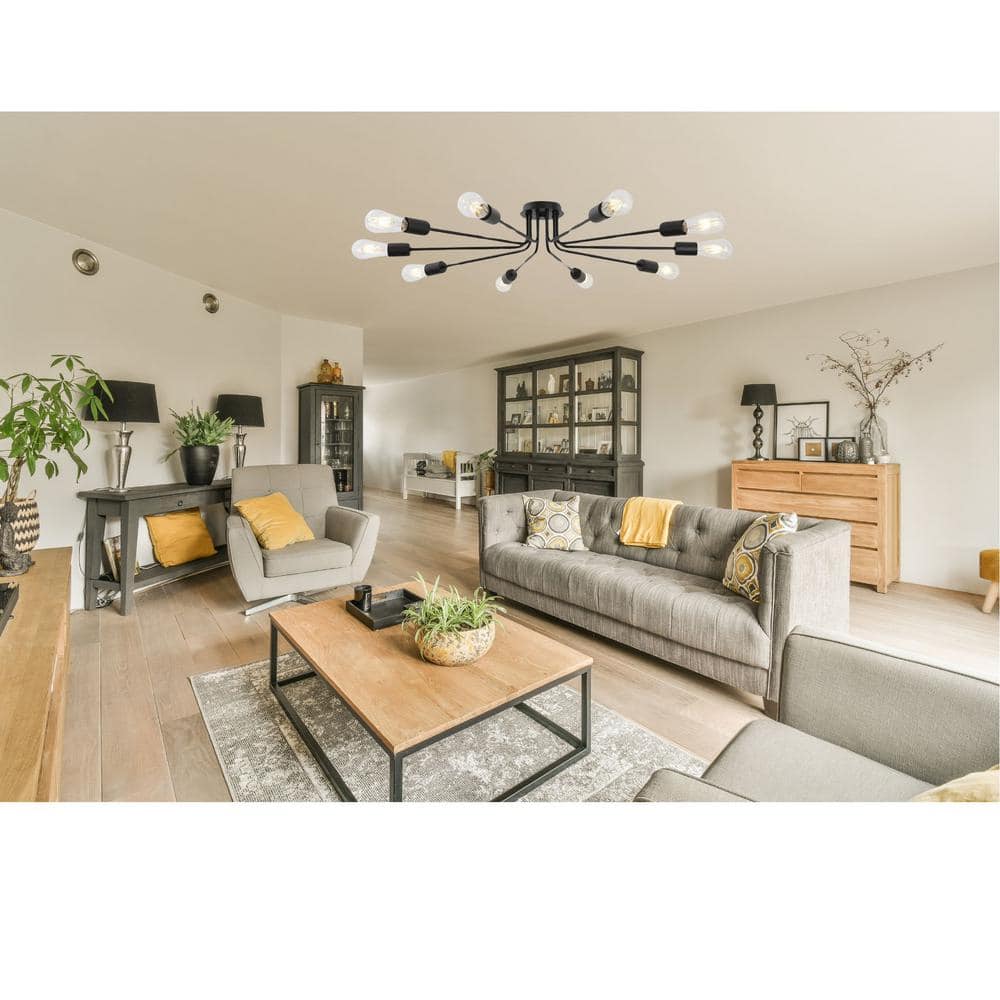 44.5 in. W 10-Light Black Sputnik Chandelier Semi Flush Mount Ceiling Light Fixture, E26, No Bulbs - Hercitys