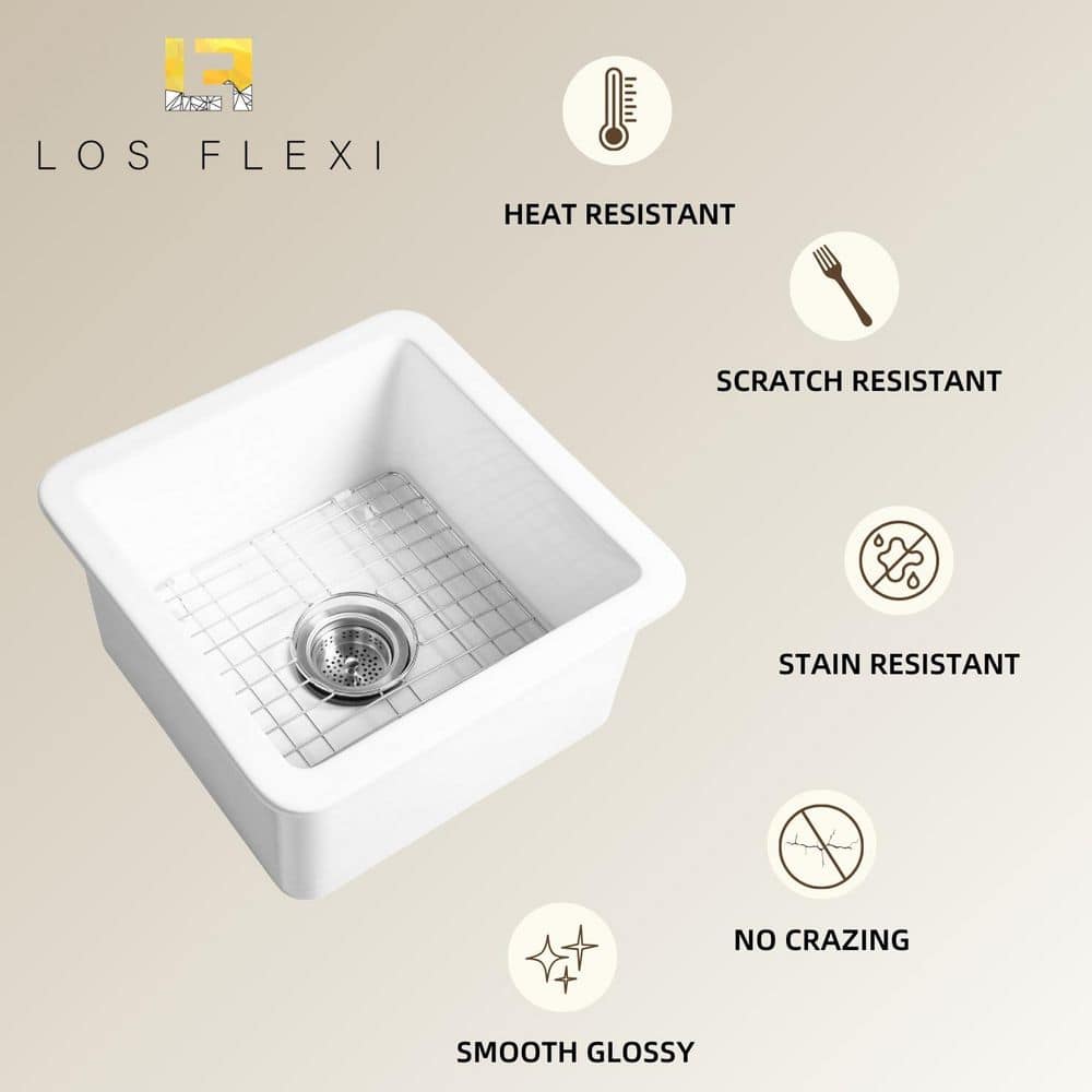 18 in. White Undermount Kitchen Sink, Dual Mount Square Fireclay Sink, Deep Single Bowl with Grid and Drain Strainer - Hercitys