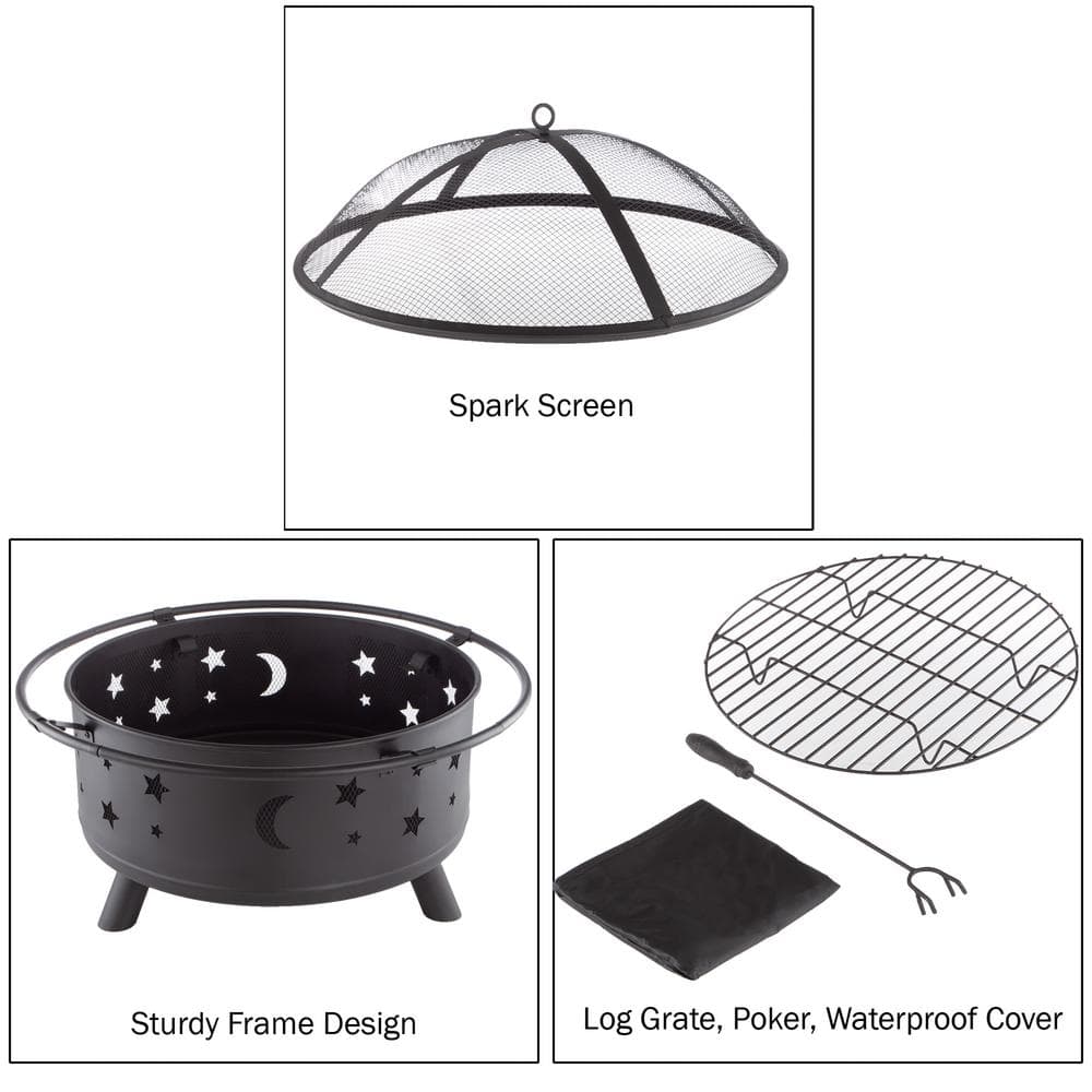 30 in. Round Steel Star and Moon Firepit with Cover - Hercitys