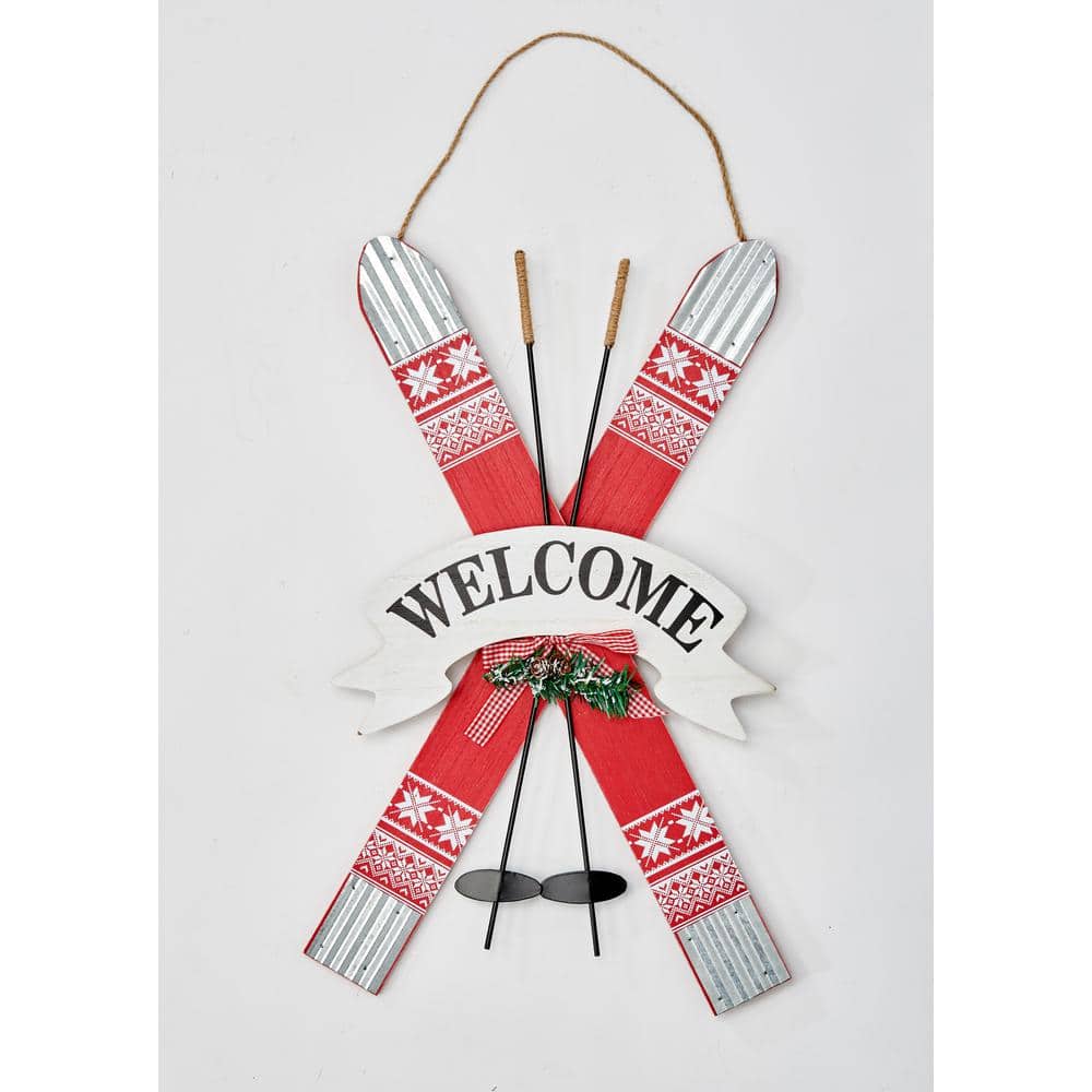 31 in. Wood and Tin Ski Welcome Sign - Hercitys