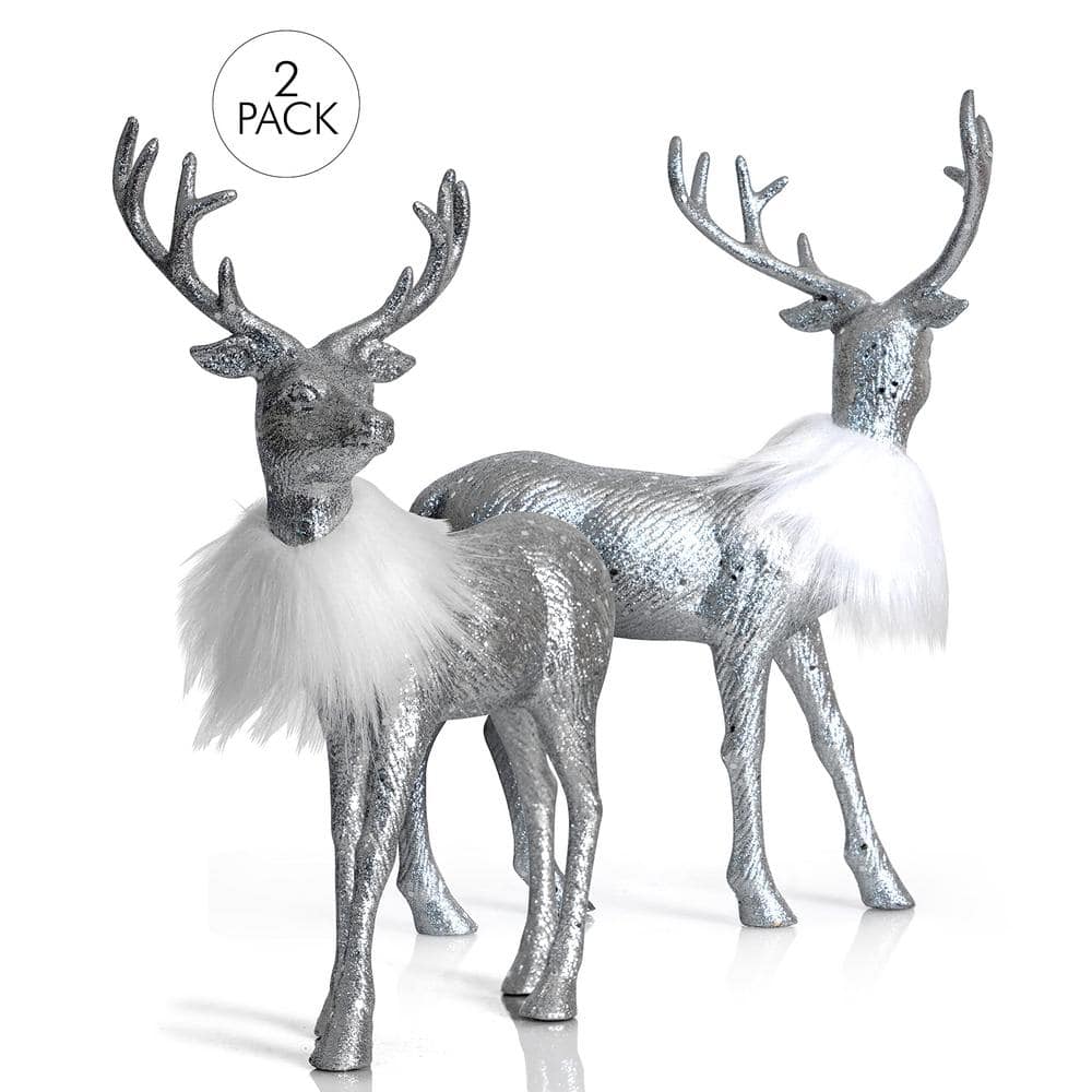 12 in. Silver Glitter Christmas Reindeer – Holiday Deer Figurine Statues Dinner Table Decor Centerpiece (Set of 2) - Hercitys