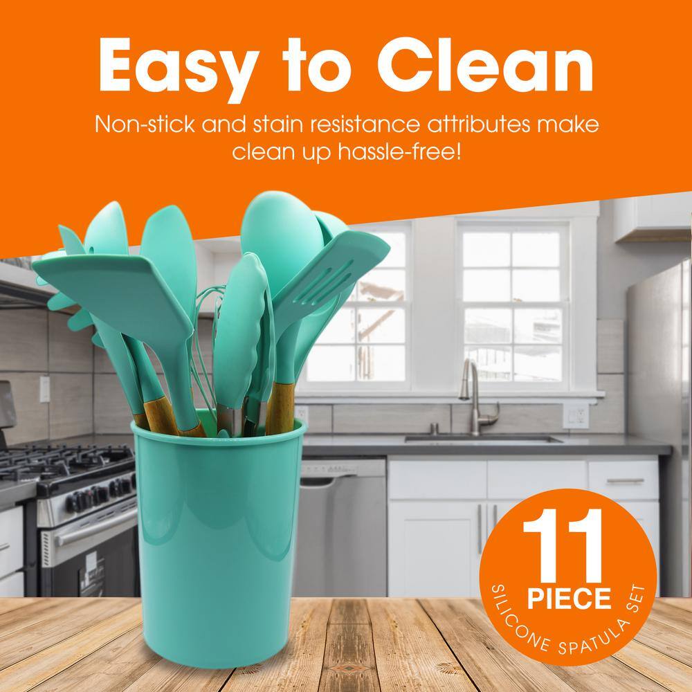 12-Piece Aqua Silicone Utensil Spatula Set with Wooden Handles - Hercitys