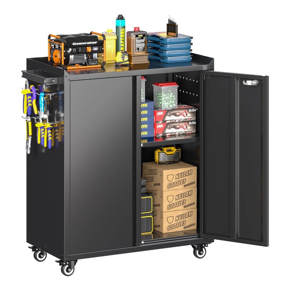 30 in. W x 35.5 in. H x 18 in. D Metal Freestanding Cabinet with Shelf, Pegboard, Side Push Handle in Black - Hercitys