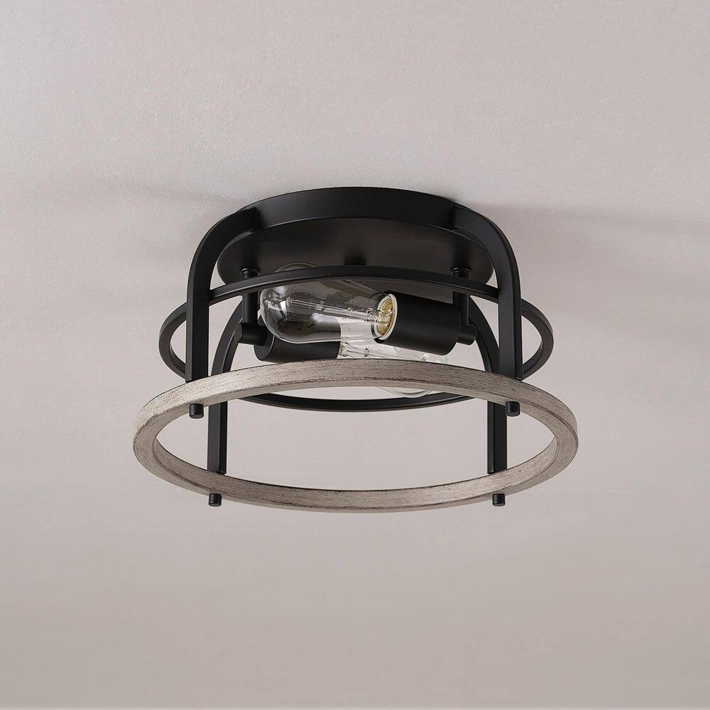 13 in. 2-Light Matte Black Flush Mount Ceiling Light with Faux Wood Accents - Hercitys