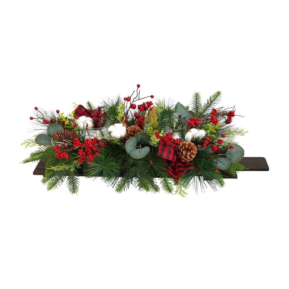 24 in. Unlit Holiday Berries, Pinecones and Eucalyptus Christmas Artificial Arrangement Cutting Board Table Arrangement - Hercitys