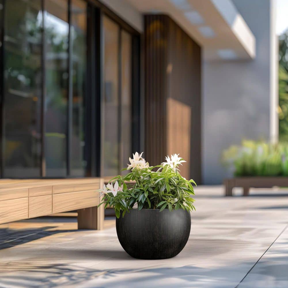 19 in. Large Bronzed Black Concrete Round Planter / Pot with Drainage Holes - Hercitys