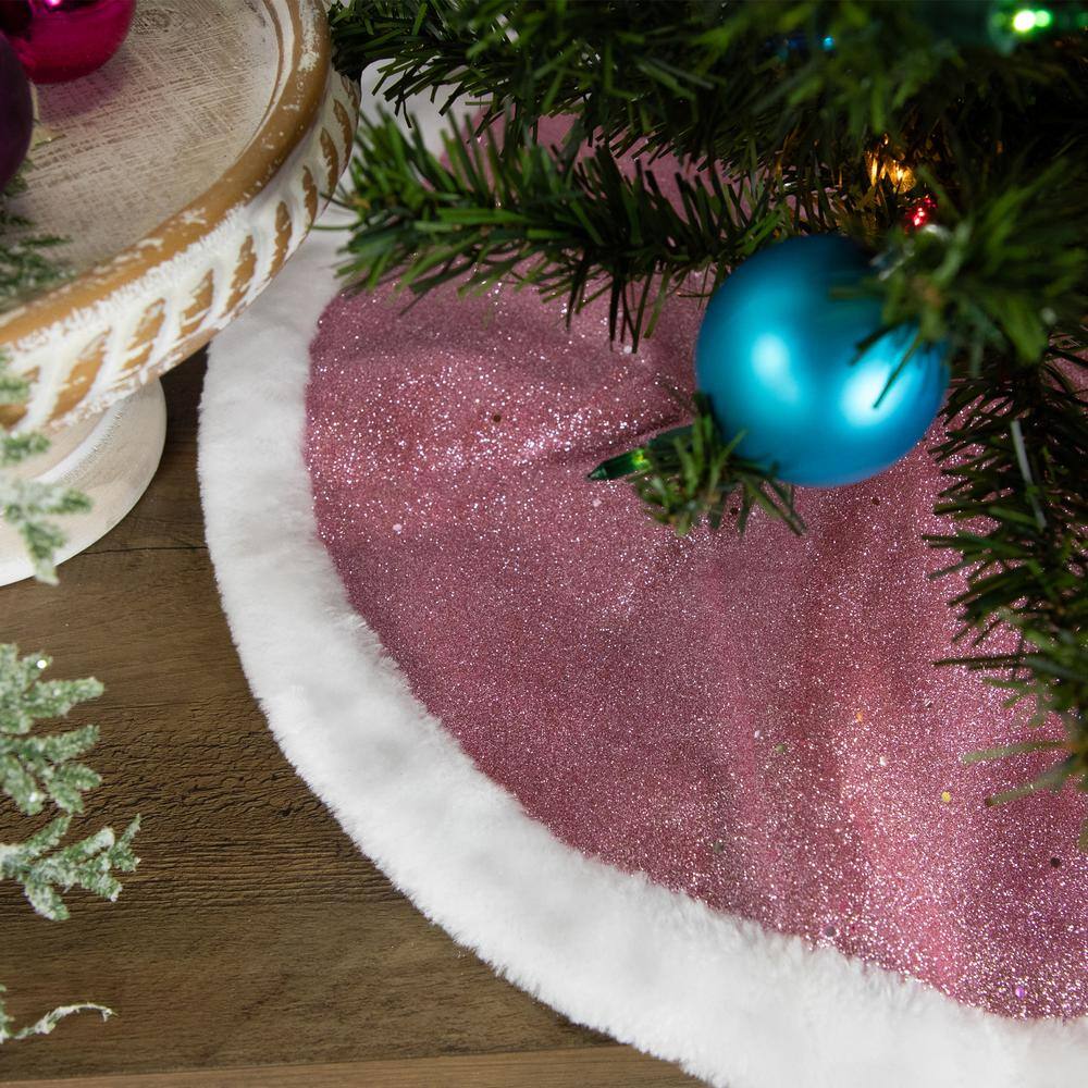 20 in. Pink Glittered Mini Christmas Tree Skirt with Faux Fur Trim - Hercitys