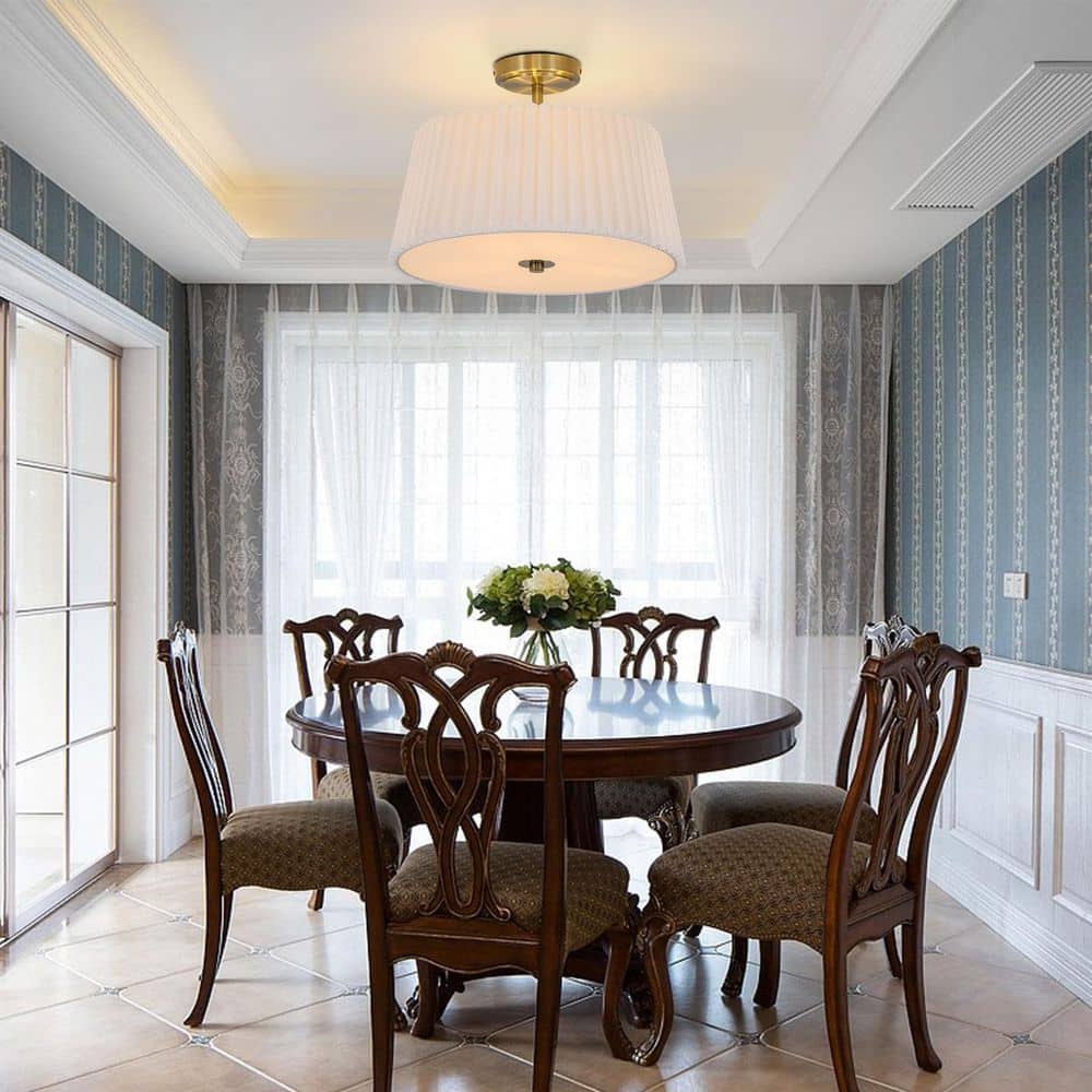 16 in. Modern 3-Light White Fabric Semi-Flush Mount Ceiling Light with Pleated Shade - Hercitys