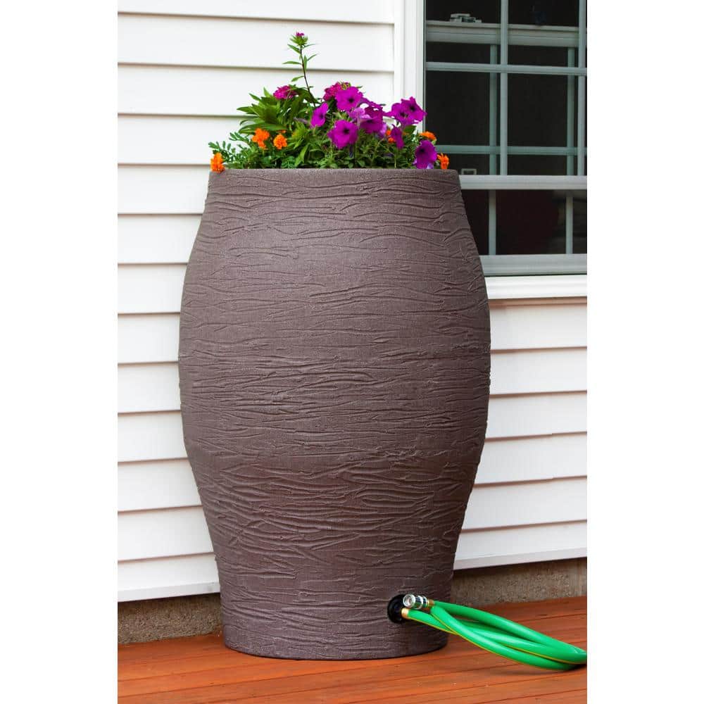 50 Gal. Earth Brown Water Urn Flat-Back Rain Barrel with Integrated Planter and Diverter Kit - Hercitys