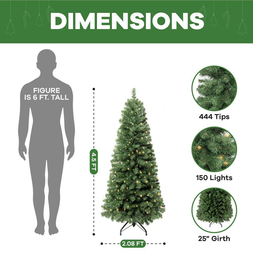 4.5 ft. Skinny Prelit Slim Artificial Christmas Tree with 444 Branch Tips, 150 Warm Lights and Metal Stand - Hercitys