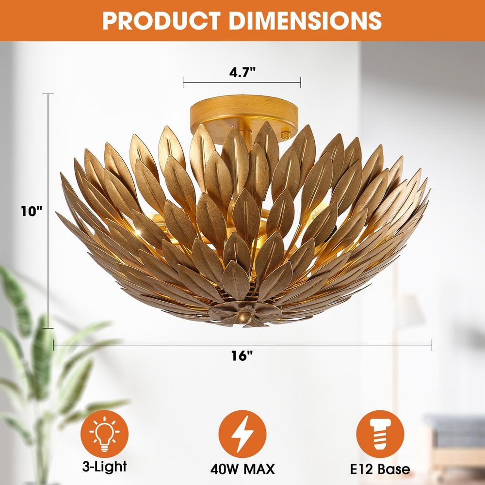 15.75 in. 3-Light Antique Gold Semi-Flush Mount Ceiling Light with Layers of Leaves Shade - Hercitys