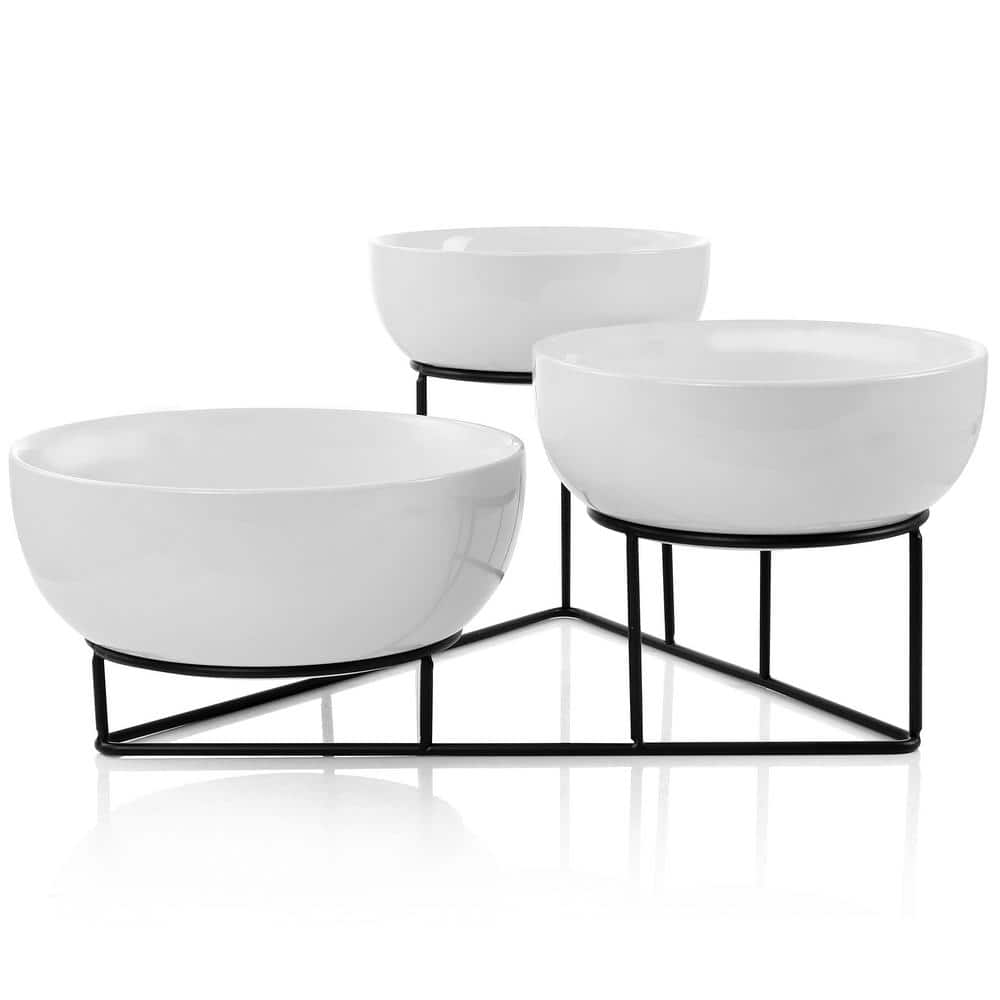 4-Piece White Bowl Set with Metal Rack - Hercitys