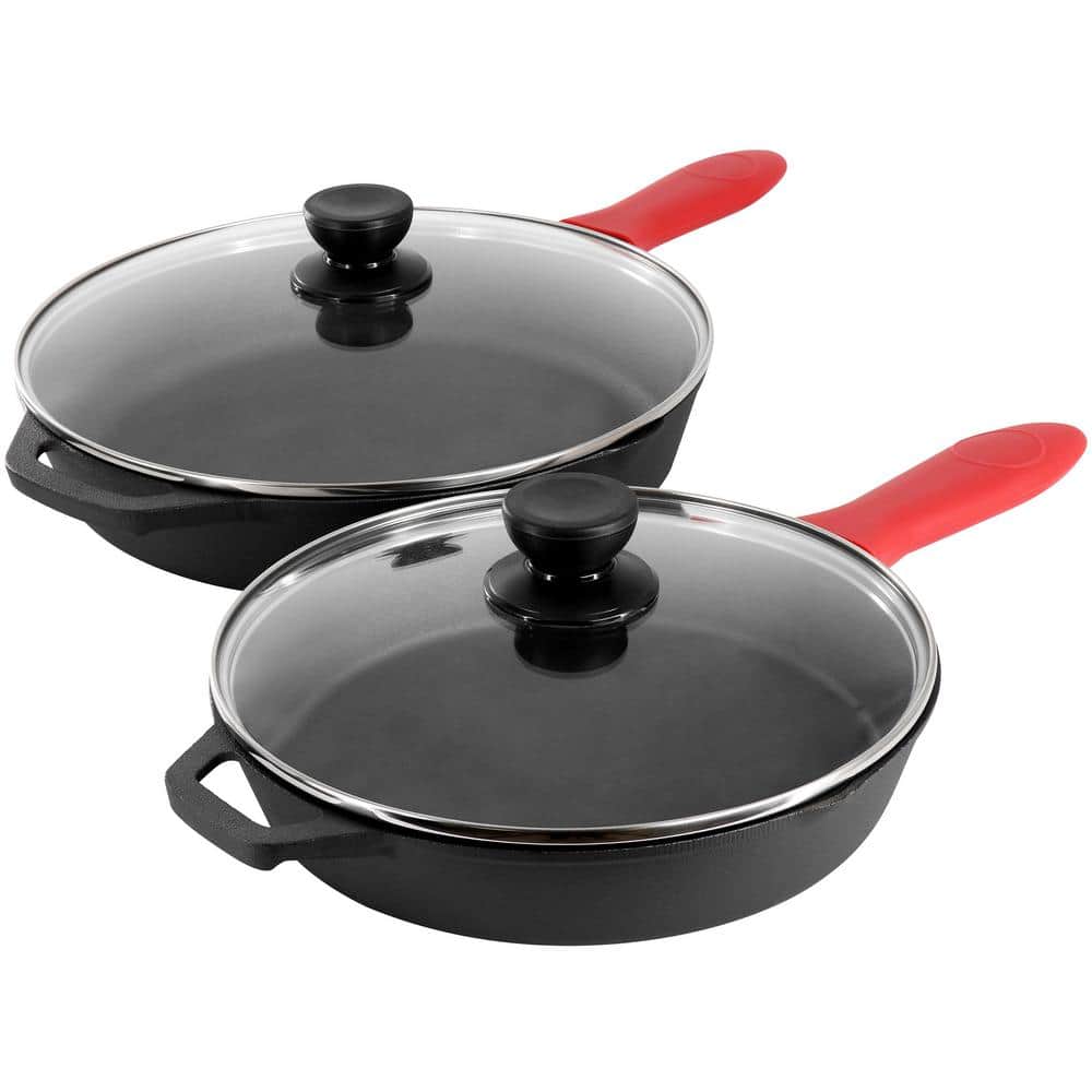 13-Piece Cast Iron Skillet Set with Tempered Glass Lids and Silicone Holders - Hercitys