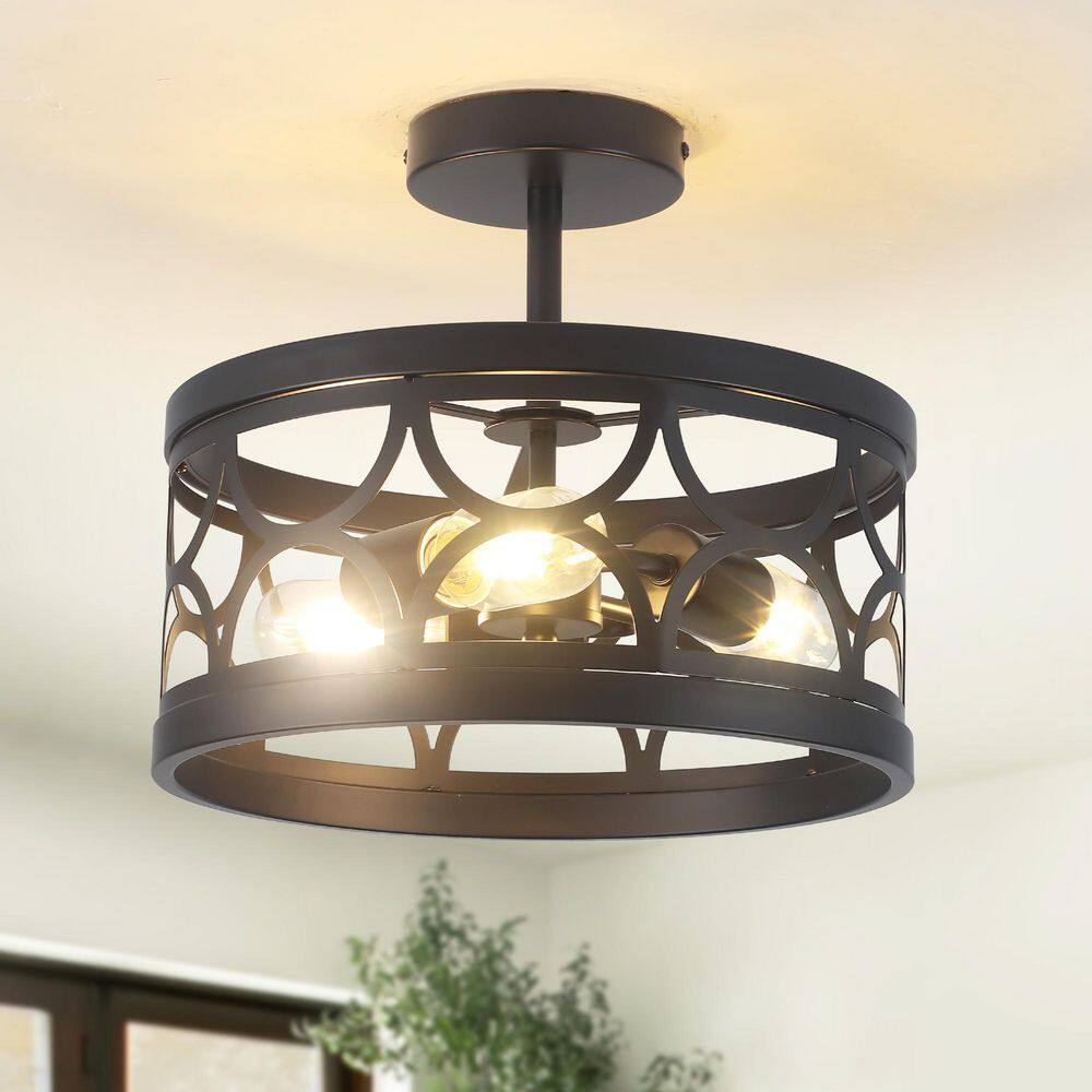 12.6 in. 3-Light Black Farmhouse Drum Semi-Flush Mount Light with Metal Shade - Hercitys
