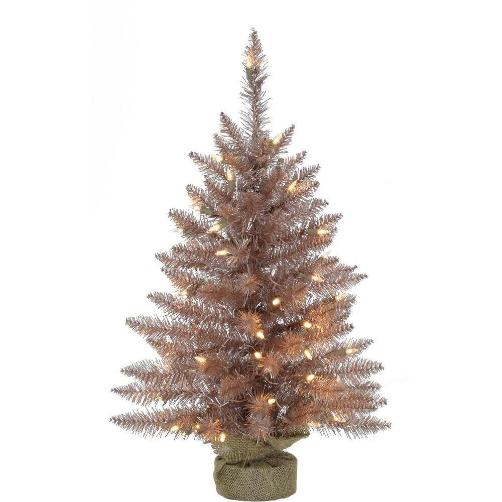 3 ft. Blush Pre-Lit Festive Tinsel Artificial Christmas Tree with Burlap Bag and Warm White LED Lights - Hercitys