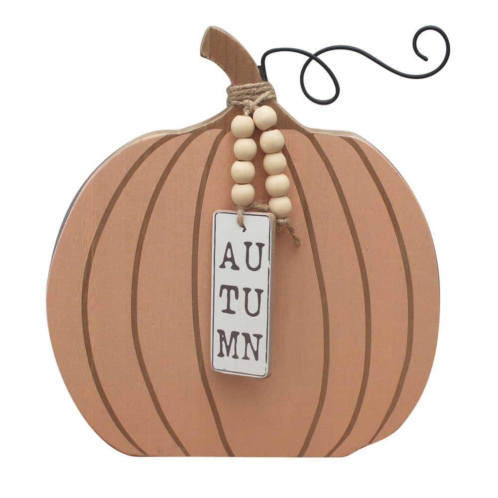10.5 in. Orange Wood Autumn Harvest Pumpkin Wood Tabletop Decor - Hercitys