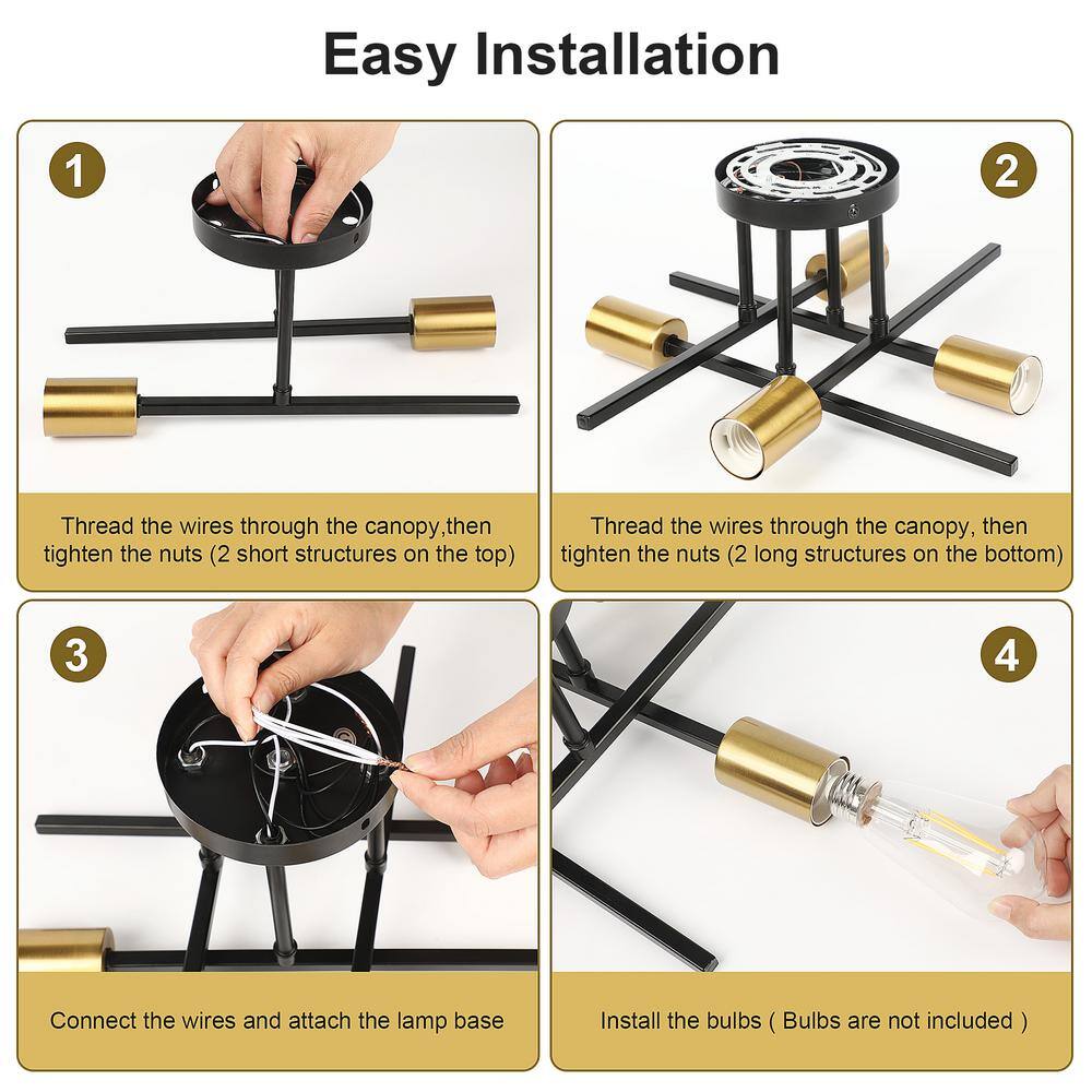 14 in. 4-Light Modern Sputnik Linear Black Metal Industrial Farmhouse Semi- Flush Mount Ceiling Lights Chandelier Light - Hercitys