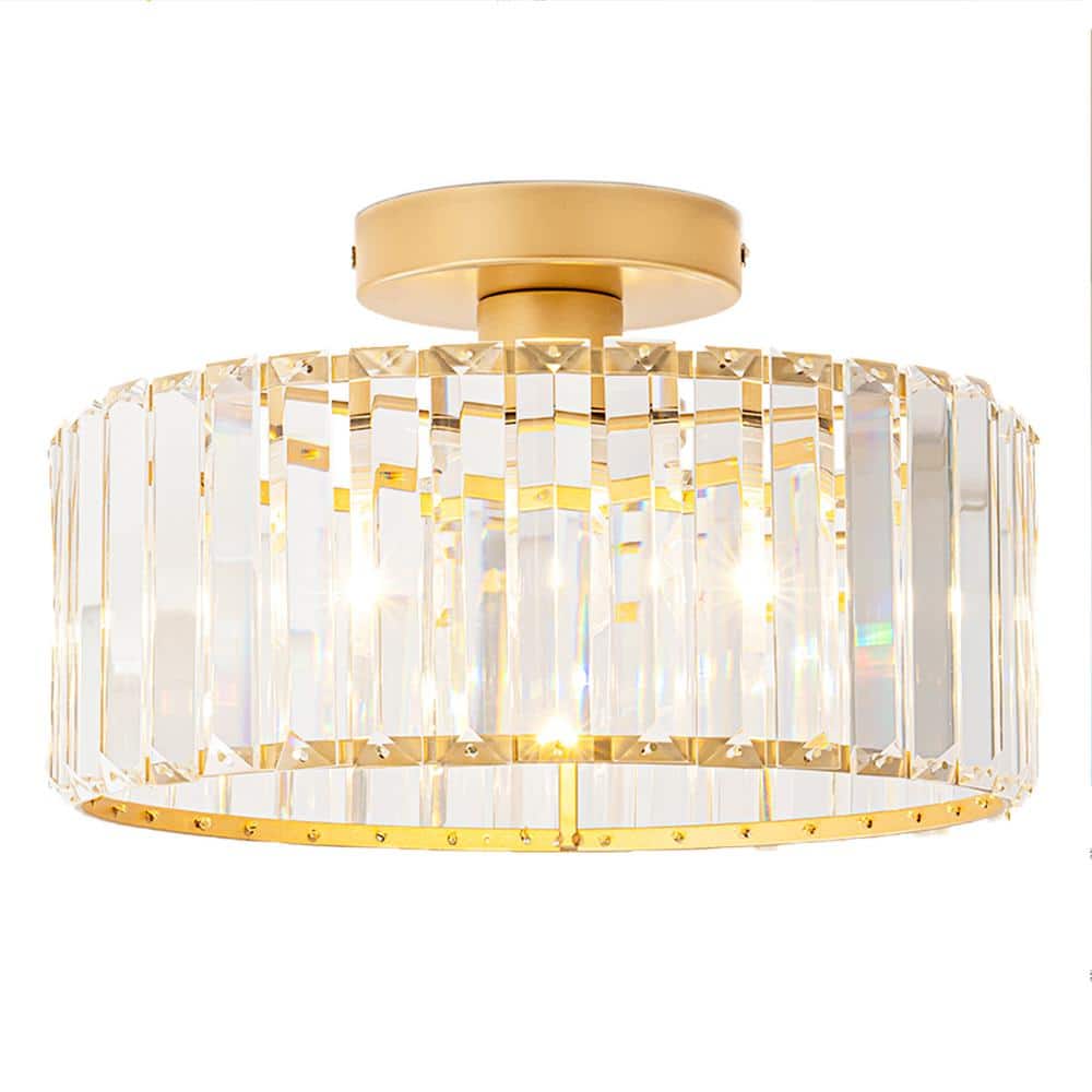 12 in. 1-Light Gold Semi Flush Mount Ceiling Light Crystal Fixture for Hallway Entryway Bedroom Bulbs Not Included - Hercitys