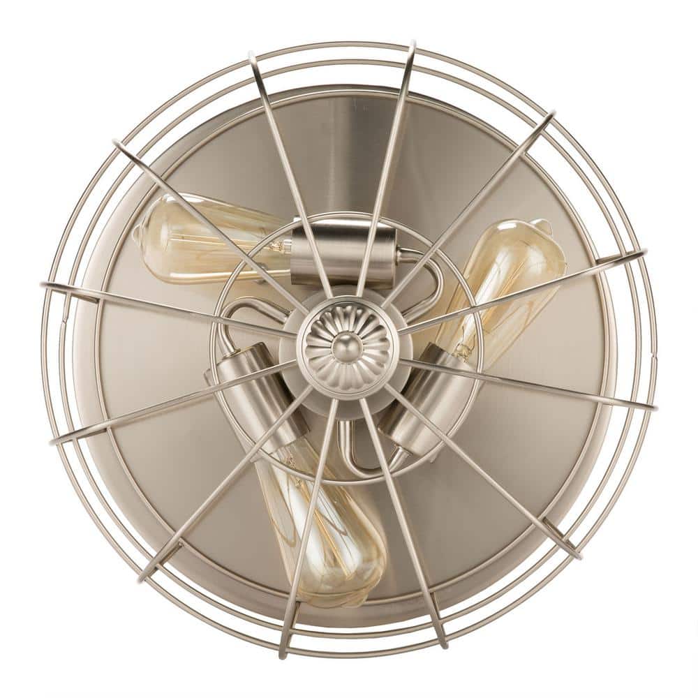 15 in. Industrial 3-Light Brushed Nickel Metal Cage Flush Mount - Hercitys