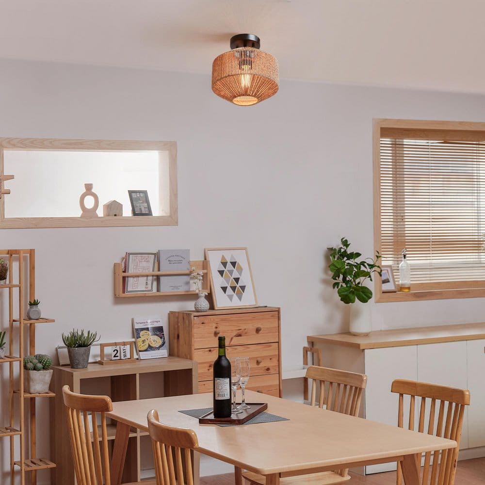 10.25 in. 1-Light Matte Black Semi-Flush Mount Ceiling Light with Paper Twine Shade - Hercitys