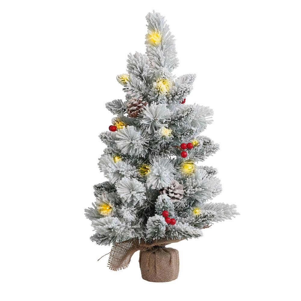2 ft. Pre-Lit Flocked Artificial Christmas Tree with Decorative Pinecones and Burlap Base - Hercitys
