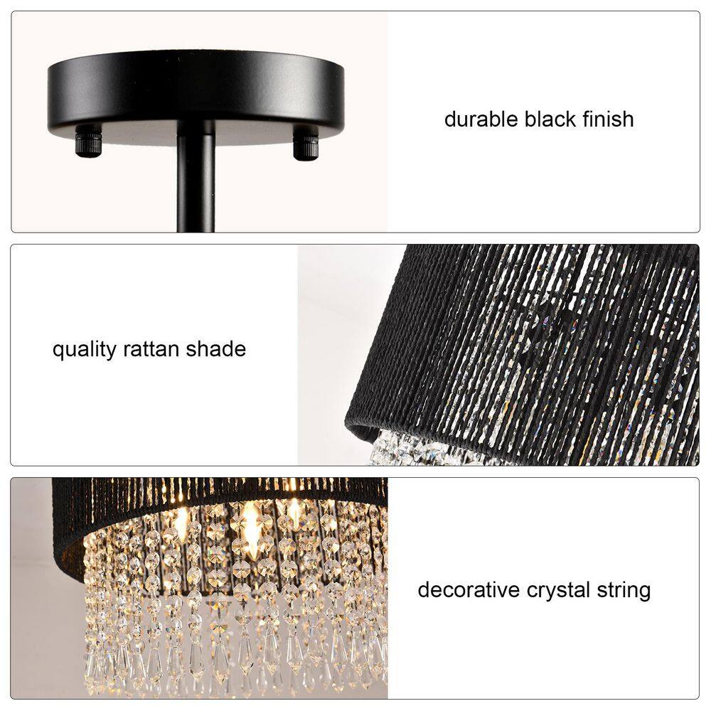 14.97 in. 3-Light Semi-Flush Mount with Rattan Shade and No Bulbs Included - Hercitys