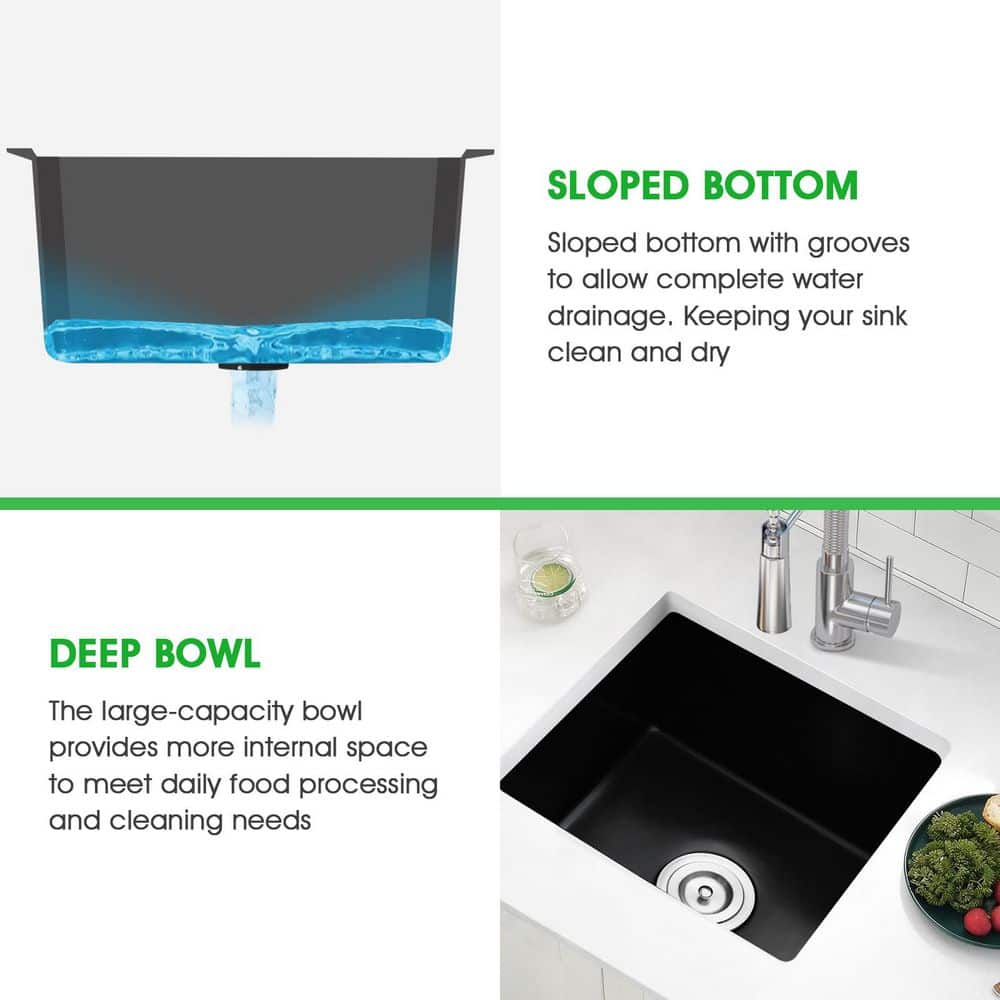 18 in. Undermount Single Bowl Matte Black Quartz Kitchen Sink with Basket Strainer - Hercitys