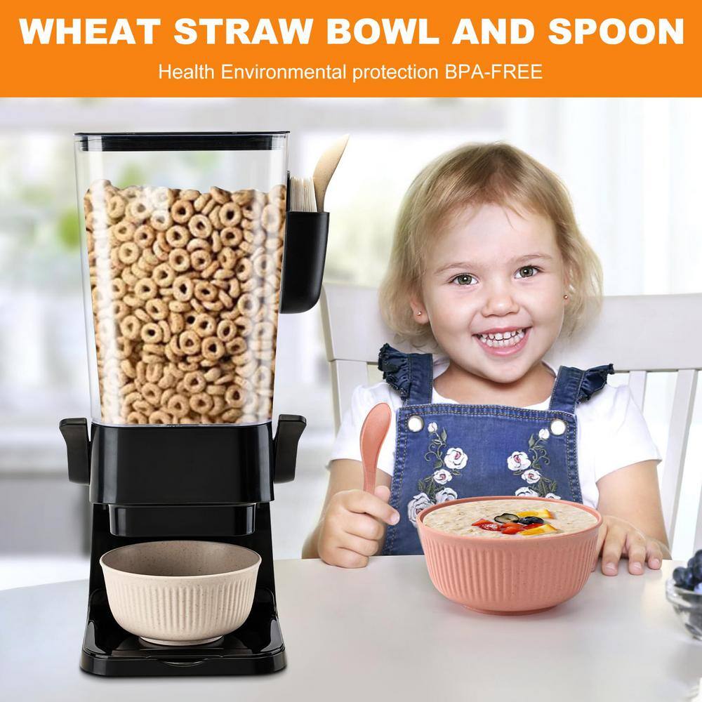 2-Piece Black Dry Food Dispenser, Countertop Cereal Dispenser with Bowls, Spoons and Cutlery Box - Hercitys