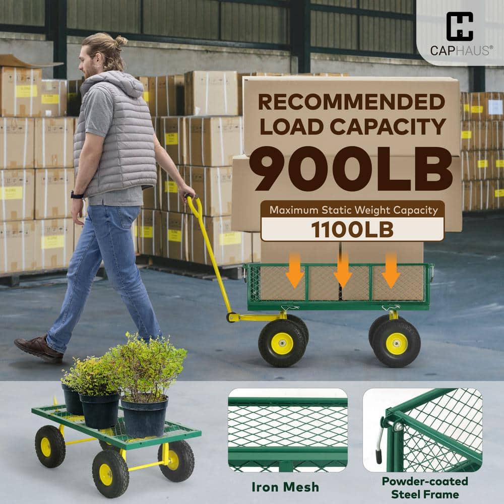 4 cu. ft. Metal Black Garden Cart, W/180° Adjustable Yellow Handle, W/Mat and Strap, Heavy-Duty 880 lbs. Capacity - Hercitys