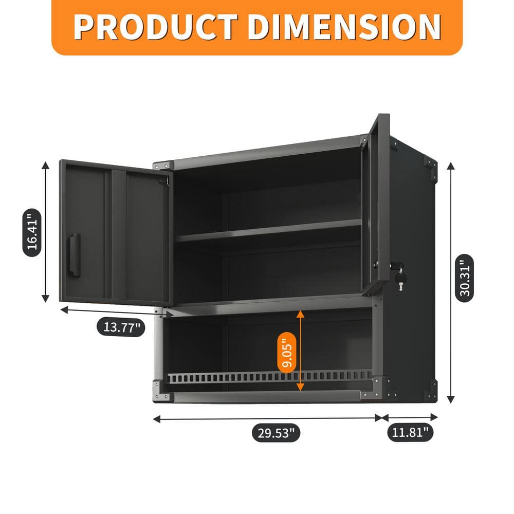 31.5 in. W x 11.81 in. D x 30.31 in. H Heavy-Duty Steel Garage Wall Mount Cabinet, Tool Storage Cabinet in Black - Hercitys