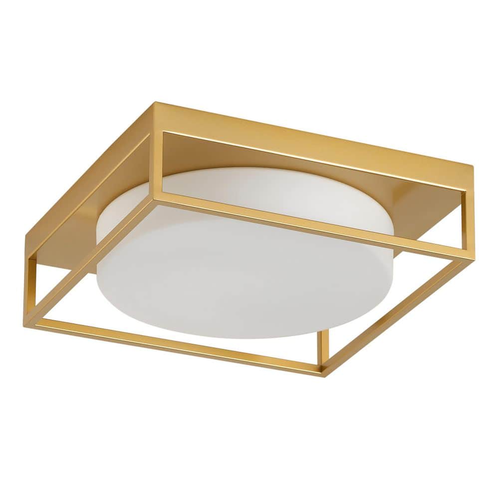 13 in. 2-Light Industrial Gold Flush Mount Farmhouse Close to Ceiling Light Fixture with White Glass Shade - Hercitys