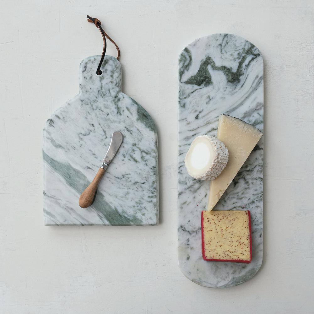 12 in. Green Melange & Natural Marble Cheese and Cutting Boards with Canafe Knife, Handle and Leather Tie (Set of 2) - Hercitys