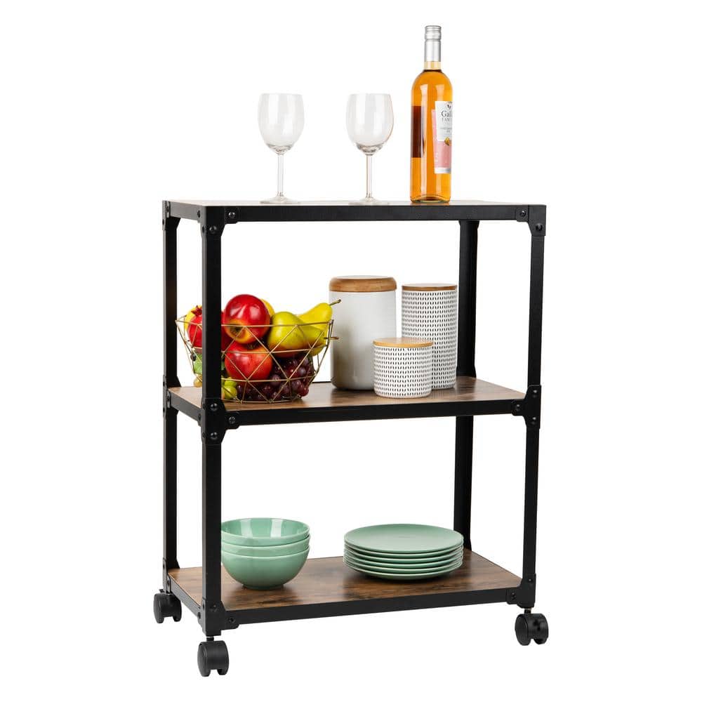 3-Tier Wood/Metal 4-Wheeled Rolling Bar Cart Microwave Stand in Brown - Hercitys