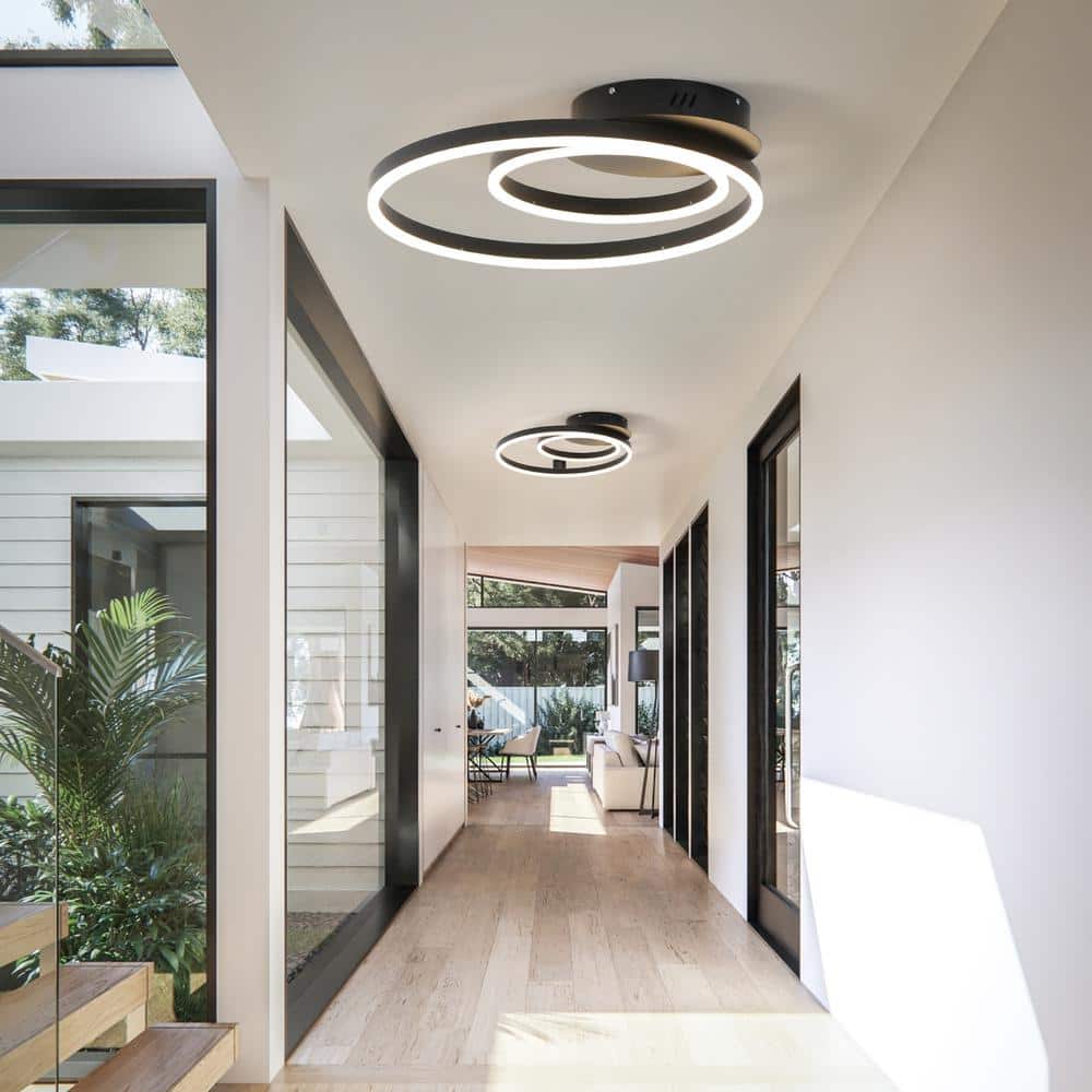 22 in. 2-Light Black Rings Dimmable LED Semi-Flush Mount for Entrance Bedroom Hallway Close to Ceiling Light - Hercitys