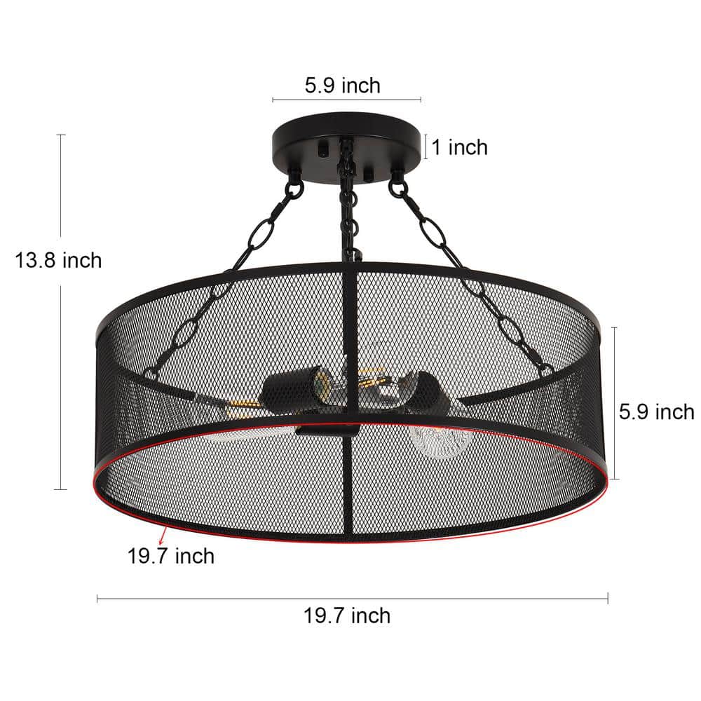 19.7 in. 3-Light Matte Black Drum Farmhouse Semi-Flush Mount with Metal Mesh Cage Shade - Hercitys