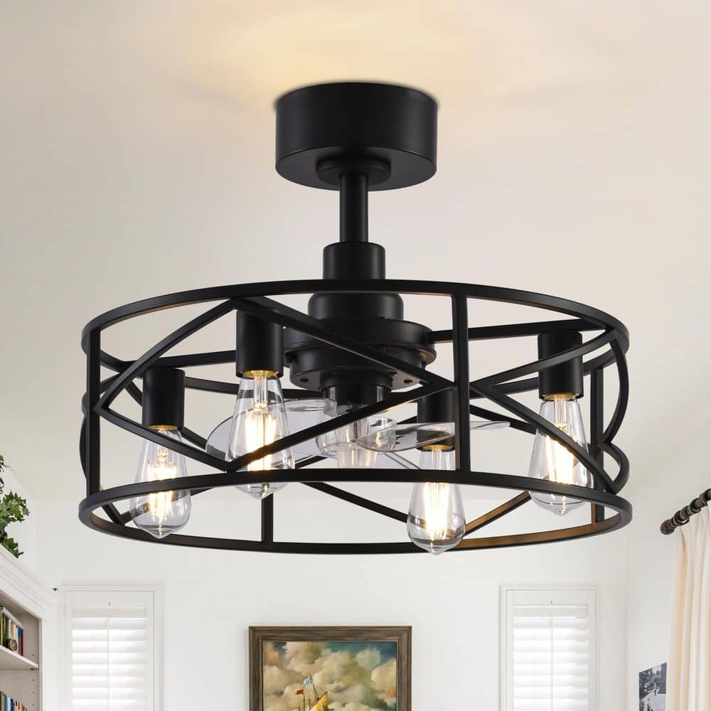 20 in. Indoor 4-Light Black Small Metal-Frame Standard Ceiling Fan with Light Bulbs with Downrod and Remote Included - Hercitys