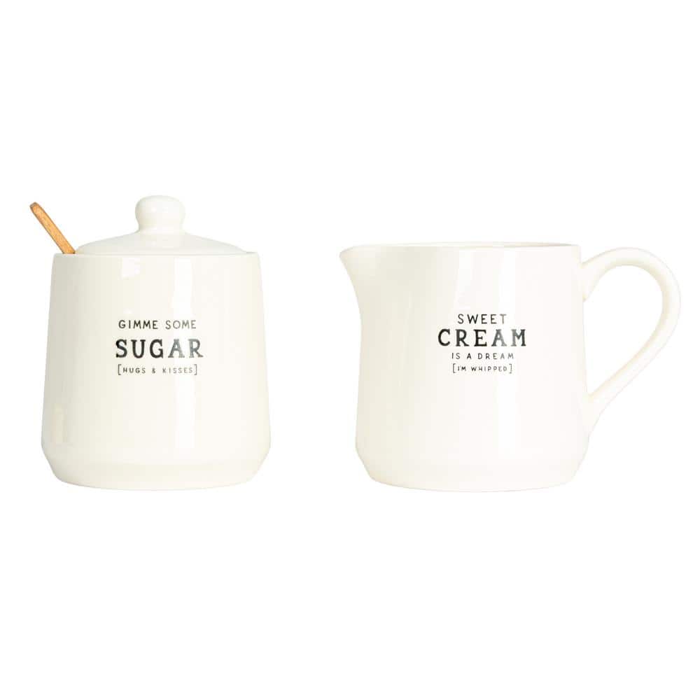 12 fl. oz. White Stoneware Creamer and Sugar Pot with Bamboo Spoon (Set of 2) - Hercitys