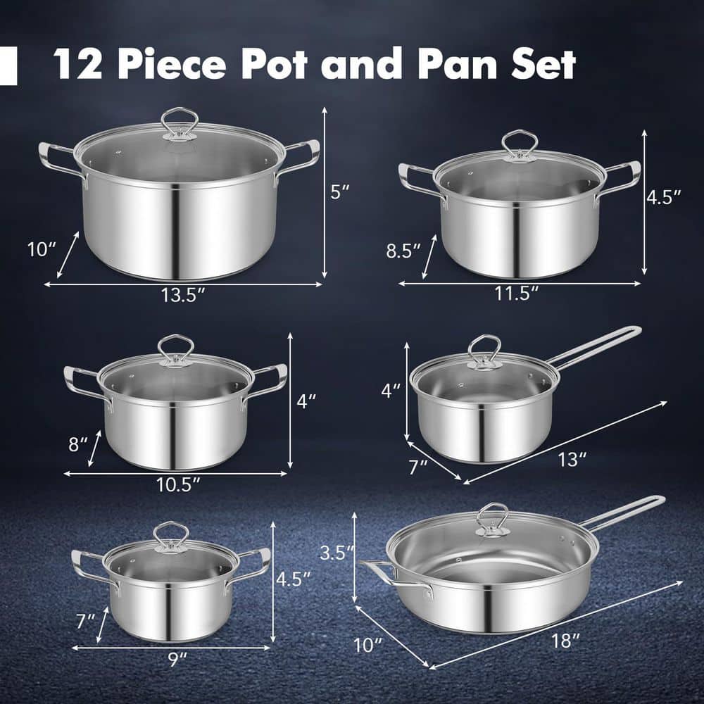 12-Piece Stainless Steel Pots and Pans Set with Tempered Glass Lids and Handles - Hercitys