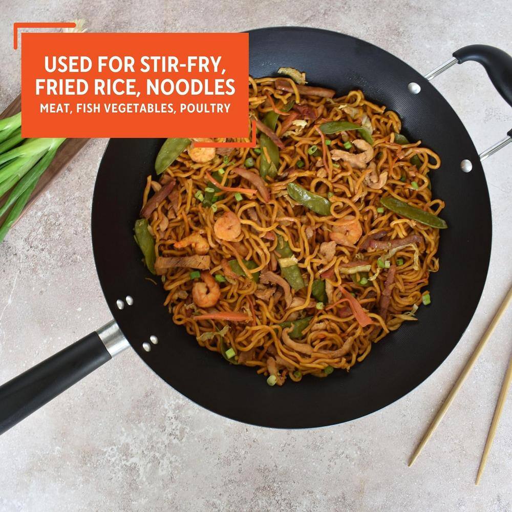 14 in. Carbon Steel Nonstick Wok w/ Bakelite & Triangle Handle, Excellent Heat Distribution Electric Stovetop Compatible - Hercitys