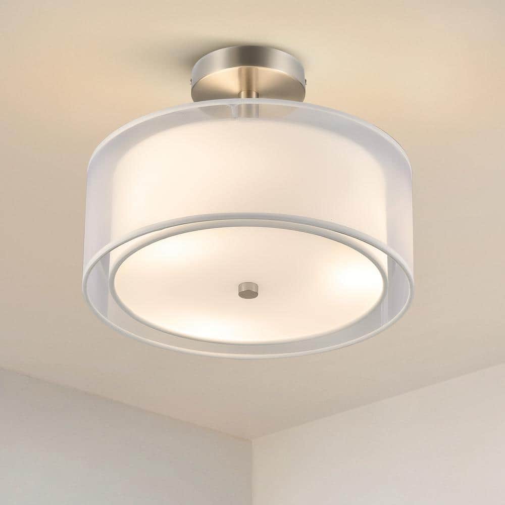 13 in. 3-Light Brushed Nickel Semi-Flush Mount with Double Fabric Shades - Hercitys