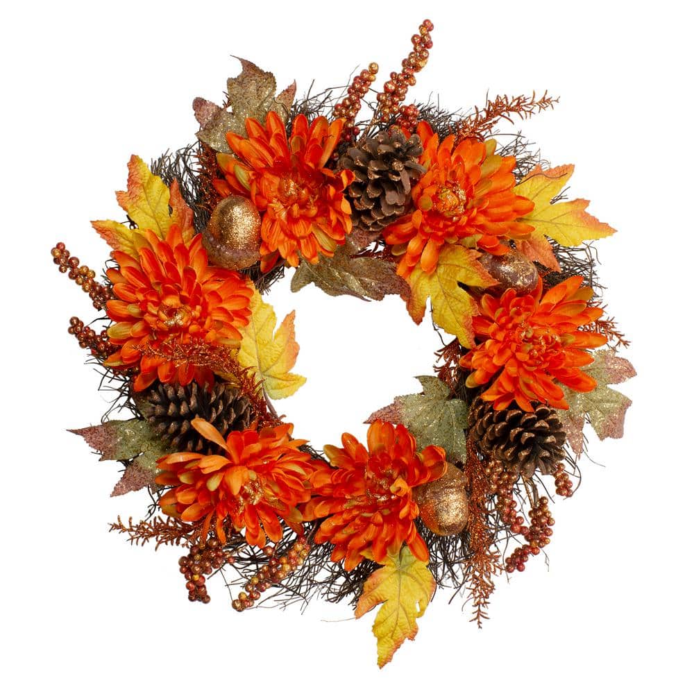 22 in. x 5 in. Unlit Autumn Harvest Orange Cactus Mums Wreath with Brown Acorns Artificial Grapevine - Hercitys